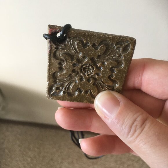 Terracotta Brown Ceramic Embossed Tile Necklace - Picture 6 of 7